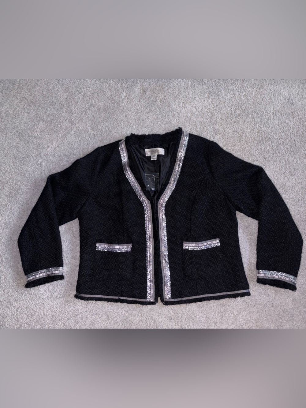 NWT Colleen Lopez 1X Black Bouclé Cardigan Blazer Rhinestone Trim Jacket